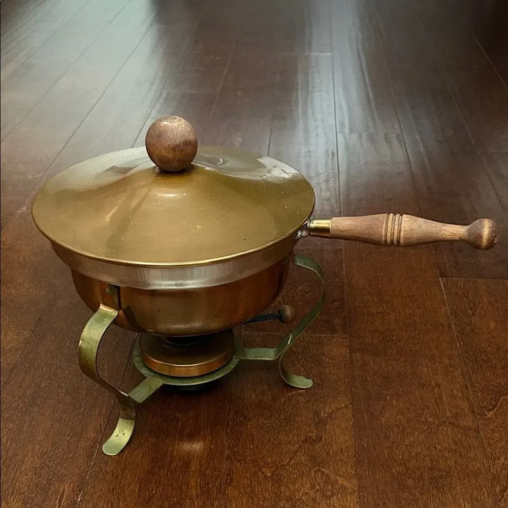 Vintage Brass Chafing Set, Copper with a Wooden Handle, Mid Century Modern